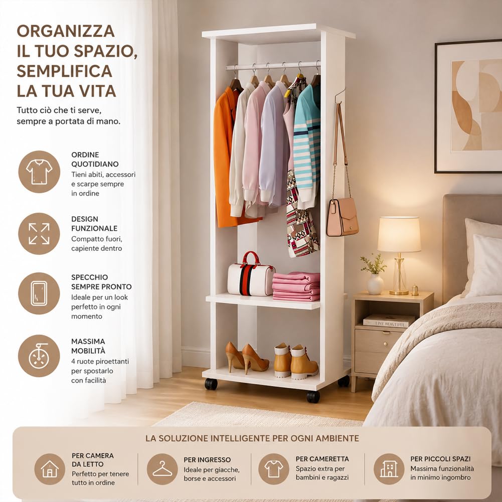 Shally Dogan Guardaroba Girevole con Specchio e 4 Ruote, Armadio Appendiabiti Salvaspazio per Casa, Ufficio, Camera da Letto, Monolocale, Organizer per Vestiti in Legno Robusto Bianco 54 x 40 x 170 cm