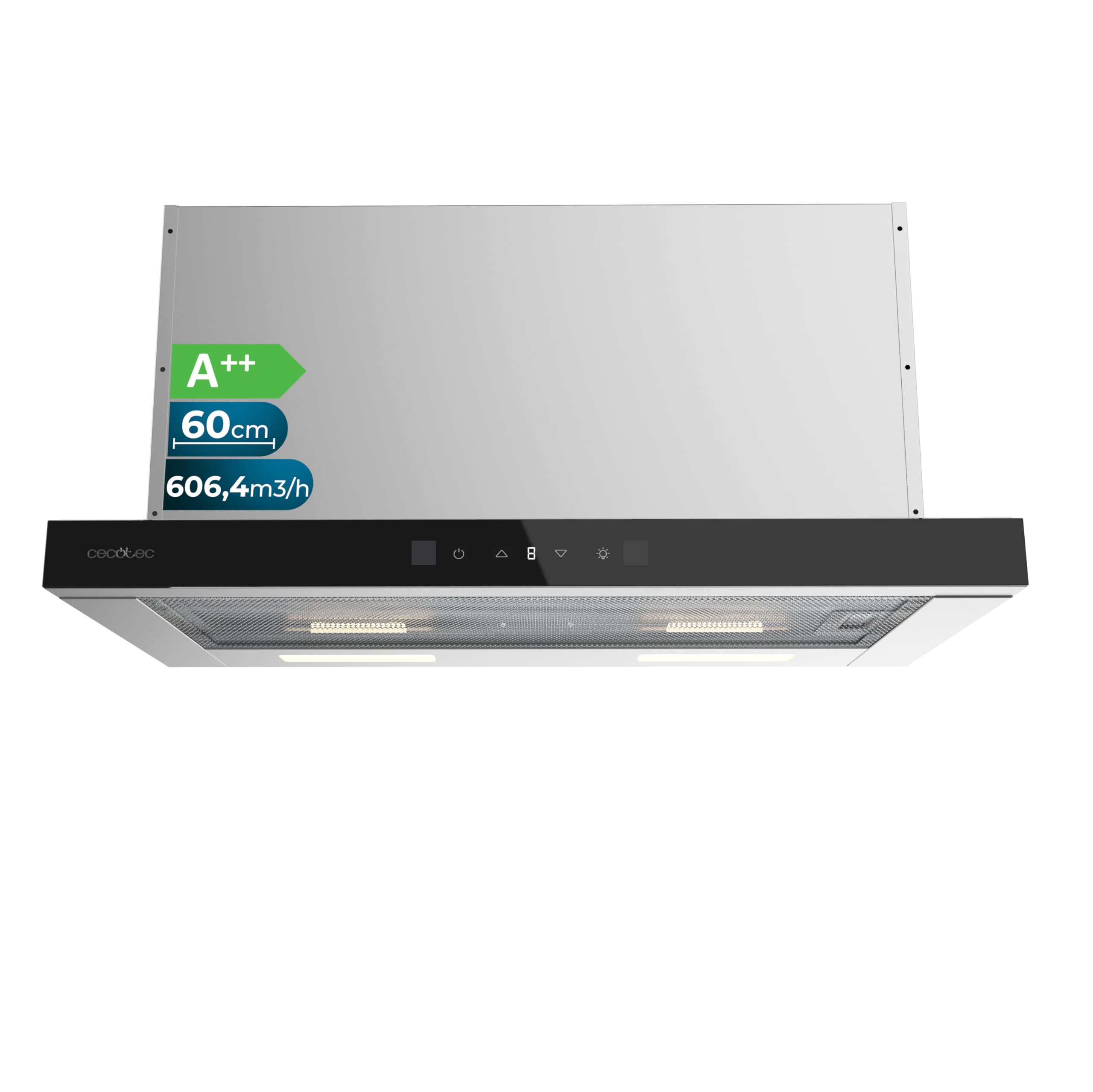 Cecotec Bolero Flux TLT 605501 Glass Black A++. 60 cm, 606,4 m³/h ssania, niewidoczna kontrola dotykowa, sterowanie dotykowe i ruch, funkcja Booster