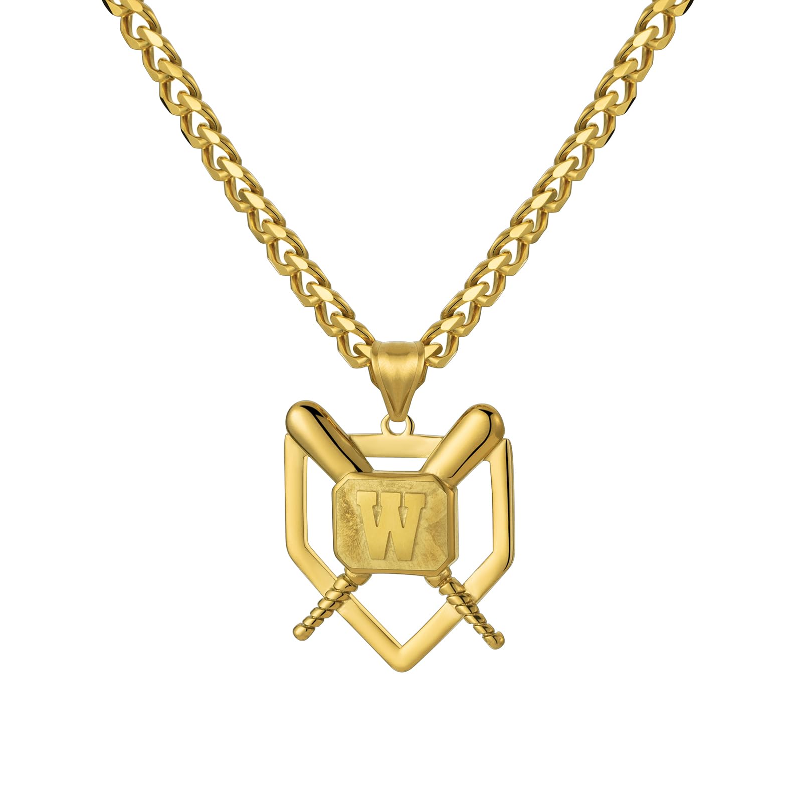 AMITER Baseball Necklace with A-Z Letter, Personalized Baseball Bat & Shield Pendant Necklace for Men, 22+2 inch Chain, 18K Gold Painted