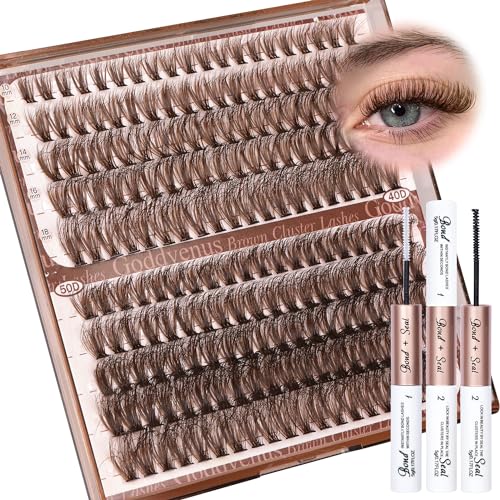 Goddvenus Brown Cluster Lashes Kit Fluffy DIY Individual Eyelashes D Curl Lash Individuals Kit Natural Russian Eyelash Clusters Kit with Wispy Eyelash Extensions Bond and Seal (40D 50D 200pcs, 10 ml)