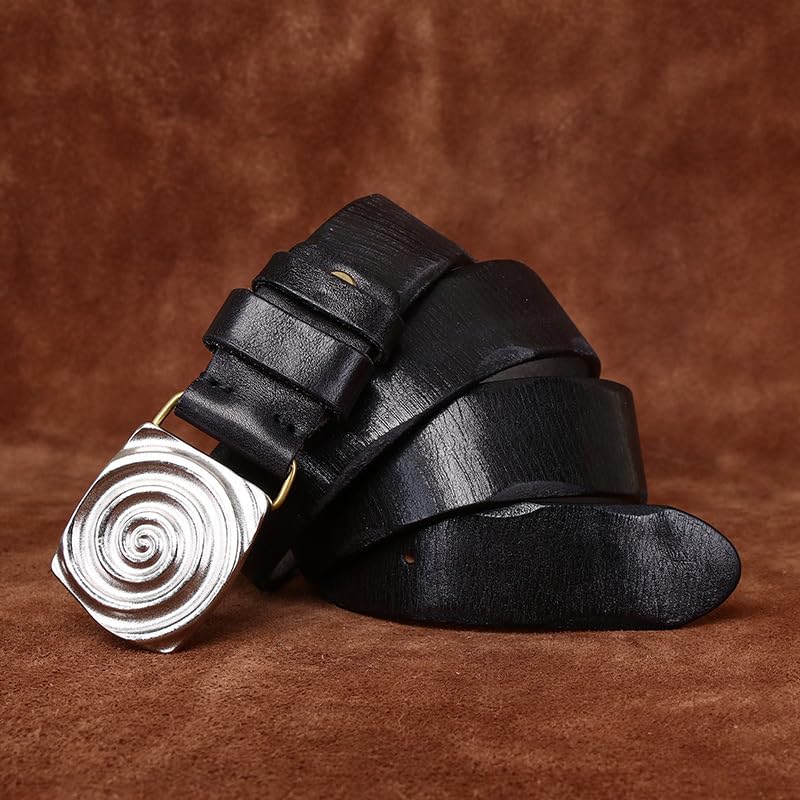 Retro Snap Belts with Engraved Unique Spiral Shapes Silver Buckle - Washed Top Grain Leather Strap for Every Occasion(130cm/51, Black)2
