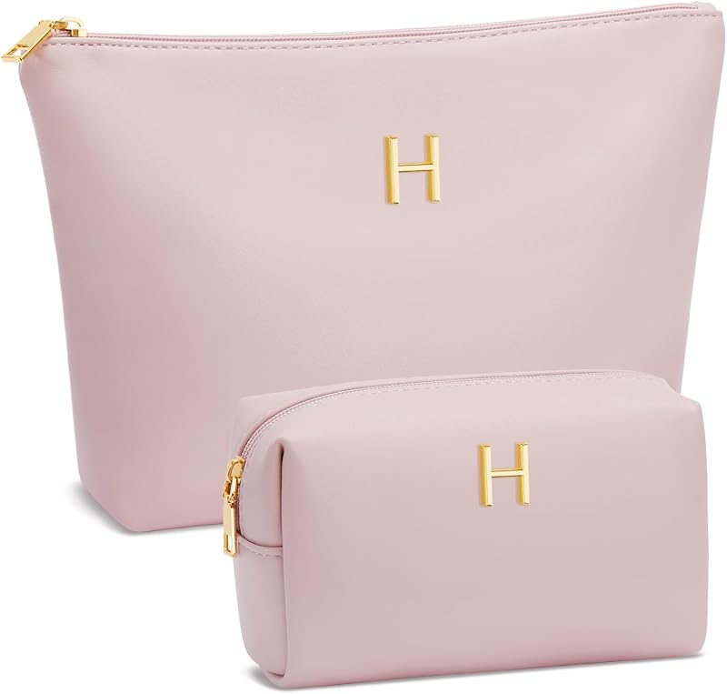 Necessaire de maquiagem de viagem CLOUDWINGS com inicial metálica, 2 compartimentos e 5 bolsos, rosa, pacote com 2