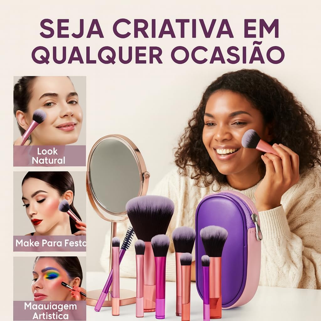 Kit 10 Pincéis de Maquiagem com Estojo Cerdas Sintéticas Macias, Portátil e Completo para Base, Pó, Blush, Corretivo e Sombras – Travel Size Ideal para Presente, Uso Diário e Adolescentes Kit 10 Pincéis de Maquiagem com Estojo Cerdas Sintéticas Macias, Portátil e Completo para Base, Pó, Blush, Corretivo e Sombras – Travel Size Ideal para Presente, Uso Diário e Adolescentes