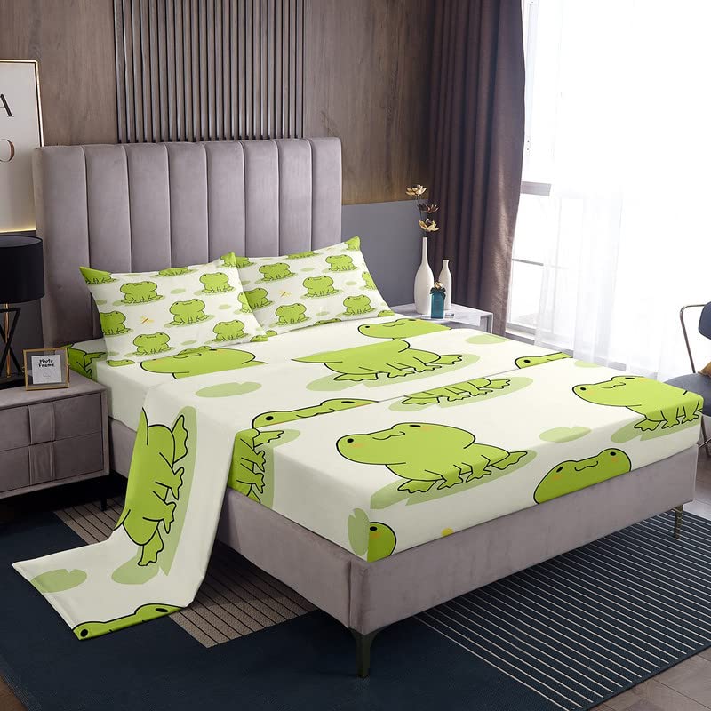 Homewish Cute Frog Bed Sheets Kids Boys Green Animal Sheet Set 3 Pcs Child Lotus Leaf Sheets Set + Deep Pocket Fitted Sheets + Dragonfly Flat Sheet 1 Pillow Sham,Twin Size