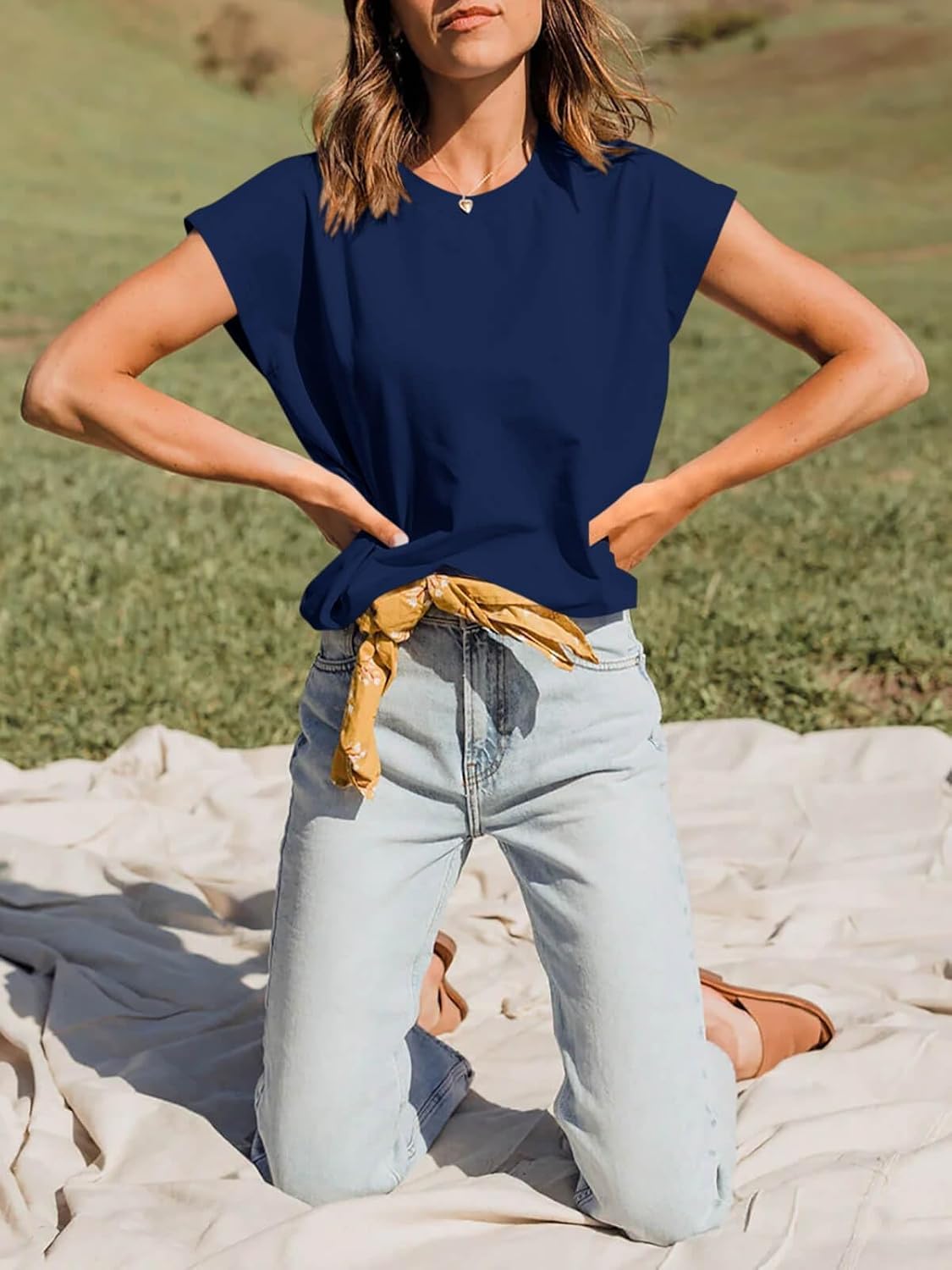 Tankaneo Women Short Cap Sleeve Tops Summer Casual Banded Sweatshirt Crew Neck Loose Fit T-Shirts - Image 2