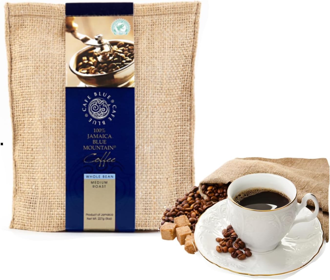 Cafe Blue - 100% Authentic Jamaica Blue Mountain Coffee (8 oz), Small Batch Roasted Whole Beans, JACRA Certified, Freshly Processed Jamaican Coffee Beans
