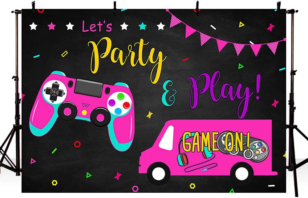 MEHOFOND 7x5ft Video Game Truck Party Backdrop Let&amp;#39;s Party and Play Girl Birthday Party Cake Table Banner Decor Black Background Photography