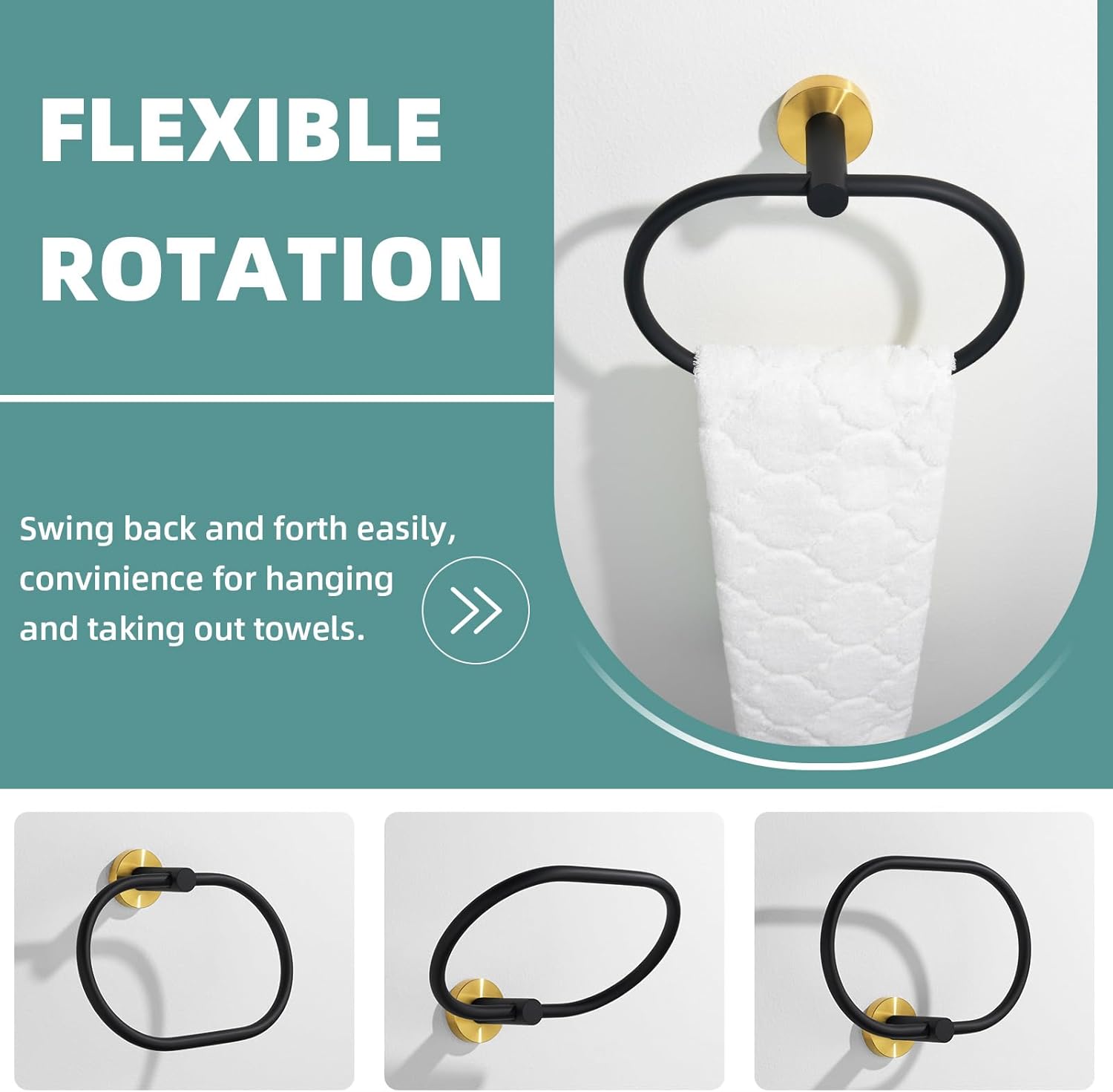 Suyar Towel Ring, Stainless Steel Hand Towel Holder for Bathroom Wall, Oval Shape, Gold and Black