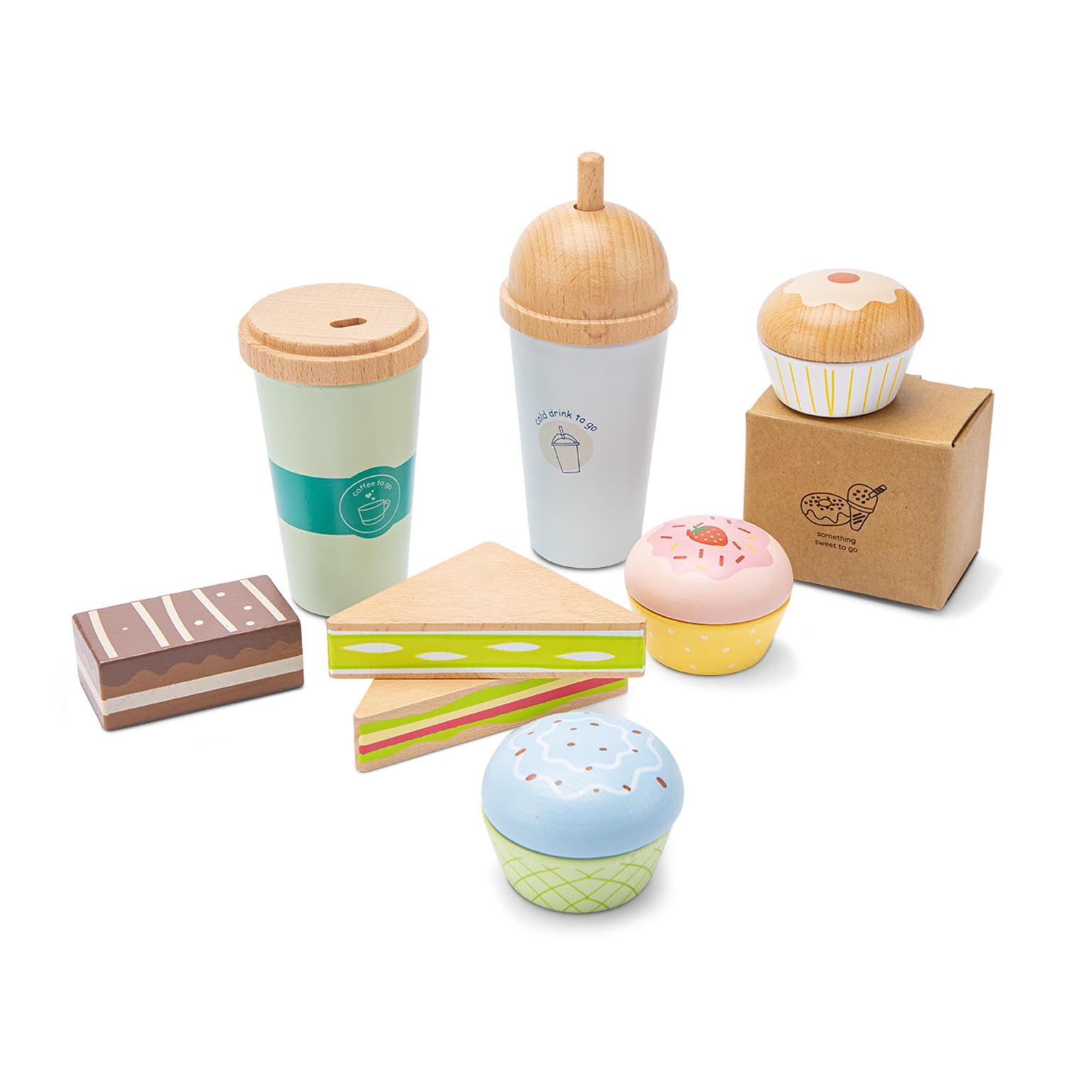 Woet® Wooden Coffee To Go Playset for Toddlers Age 24 Months+ – 15-Piece Pretend Cafe & Bakery Toy – Sandwiches, Cupcakes, Sweets & Drinks – FSC Role Play Set - Barista Set