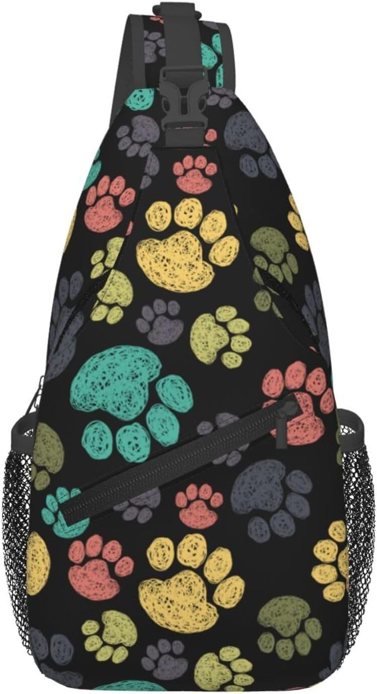Colorful Paw Print Crossbody Sling Bags for Women Men Rainbow Puppy Dog Paws Doodle Style Travel Sling Backpack Casual Chest Shoulder Bag Cute Animal Footprint Gym Sports Hiking Daypack