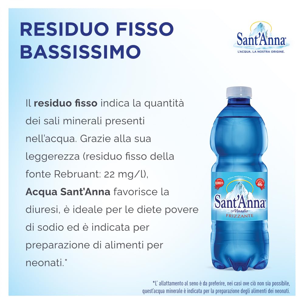 Acqua Sant'Anna Frizzante 0,5L | Pack 96 Bottiglie | Acqua Minerale Oligominerale Frizzante, Minimamente Mineralizzata | Freschezza dalla Sorgente Alpina