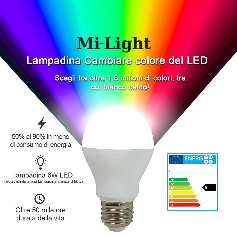Mi-Light remoto Sistema de Control de Paquete de 4: 4 x E27 LED 9W 1,6 Millones de color blanco cálido Lámparas para Sistema de Control Remoto Mi-Light Regulable 2.4Ghz RF [energética A]