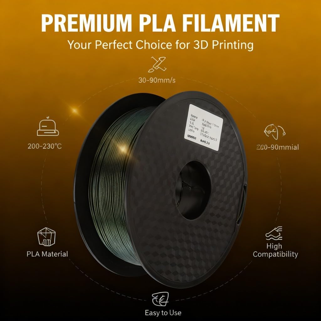 3D Printer Ink PLA Filament Gold 1.75mm 200-230℃ 1kg Large Spool - High Gloss Finish, Durable, Ideal for 3D Printing Projects
