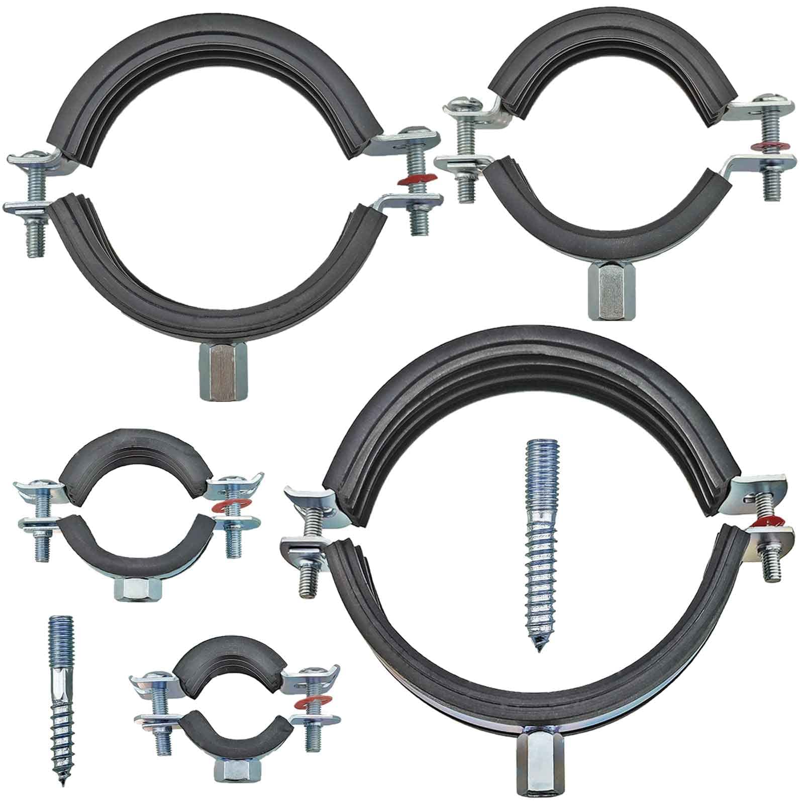 MegaHaustechnik 2-Schrauben-Rohrschellen aus Stahl verzinkt, Set 50 Stück mit Stockschrauben, Spannbereich 20 bis 25mm Rohr-Außendurchmesser 1/2 Zoll, mit Schallschutz, mit M8 Gewinde-Mutter