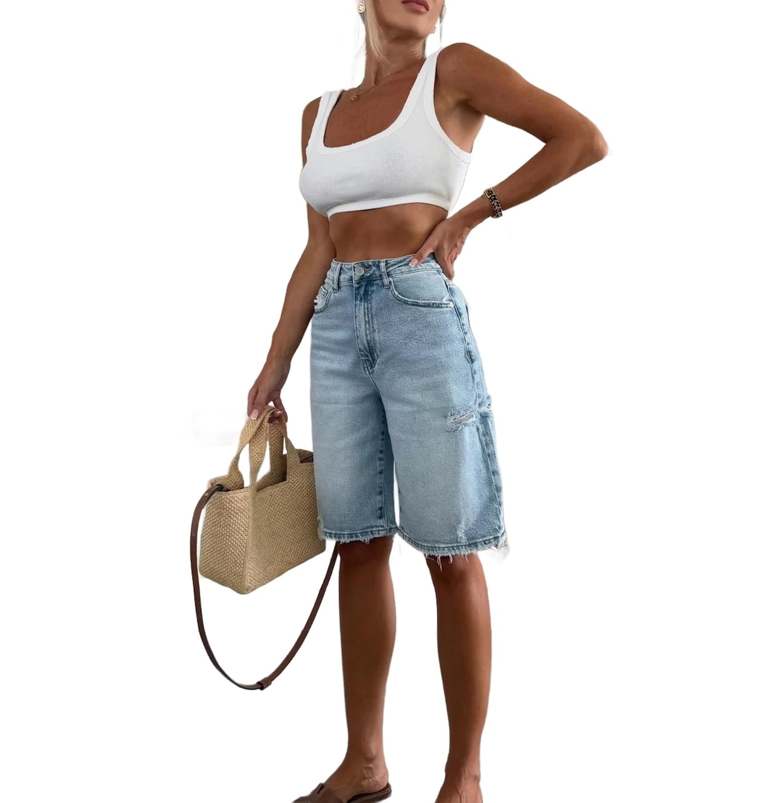 Générique Short en Jean Taille Haute Ample Jean Court délavé Vintage idéal pour Les Vacances pour Femme