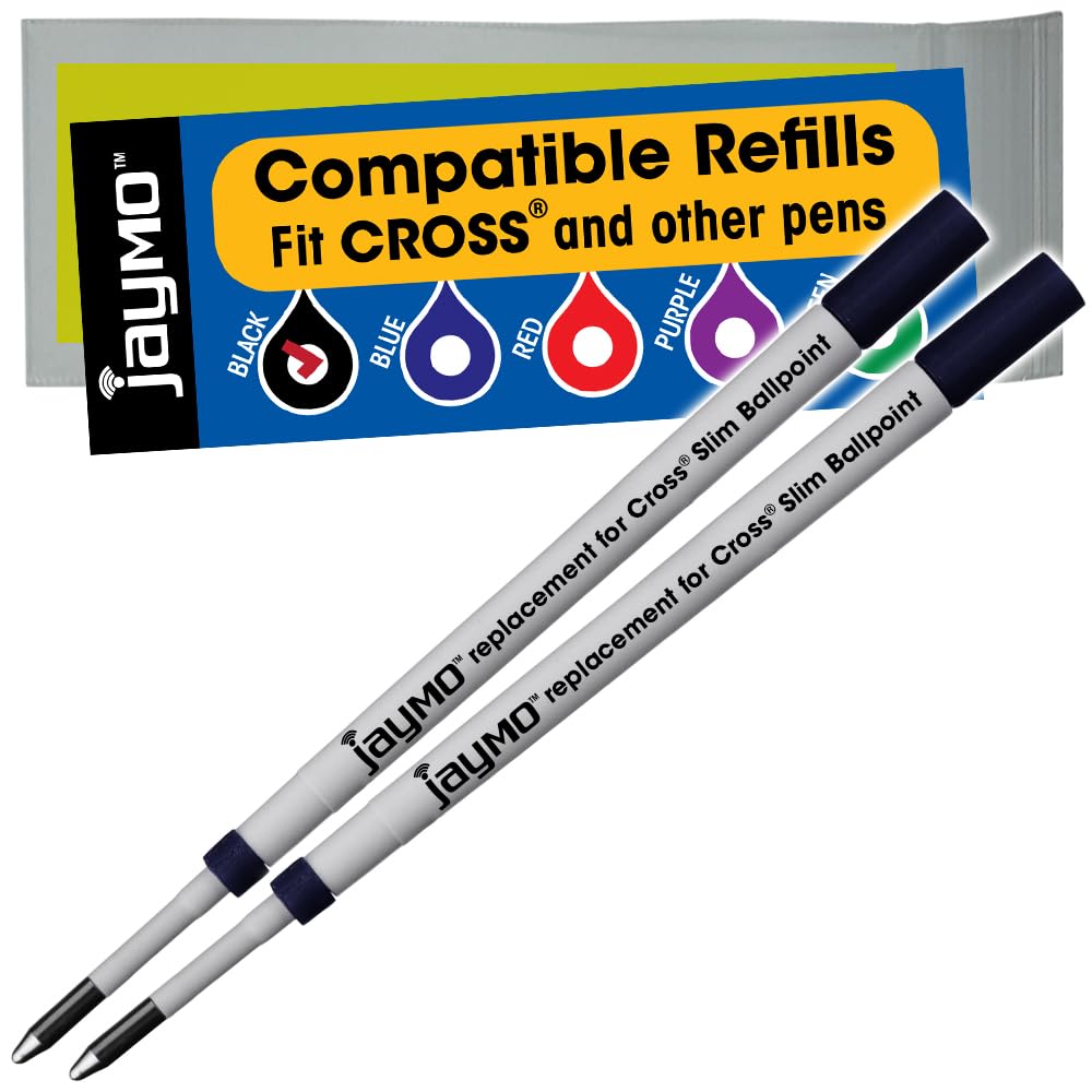Jaymo Replacement for Cross Slim 8783 - Measures 4 in / 102 mm Long - Ballpoint Pen Refill - 2 Black, Black 2