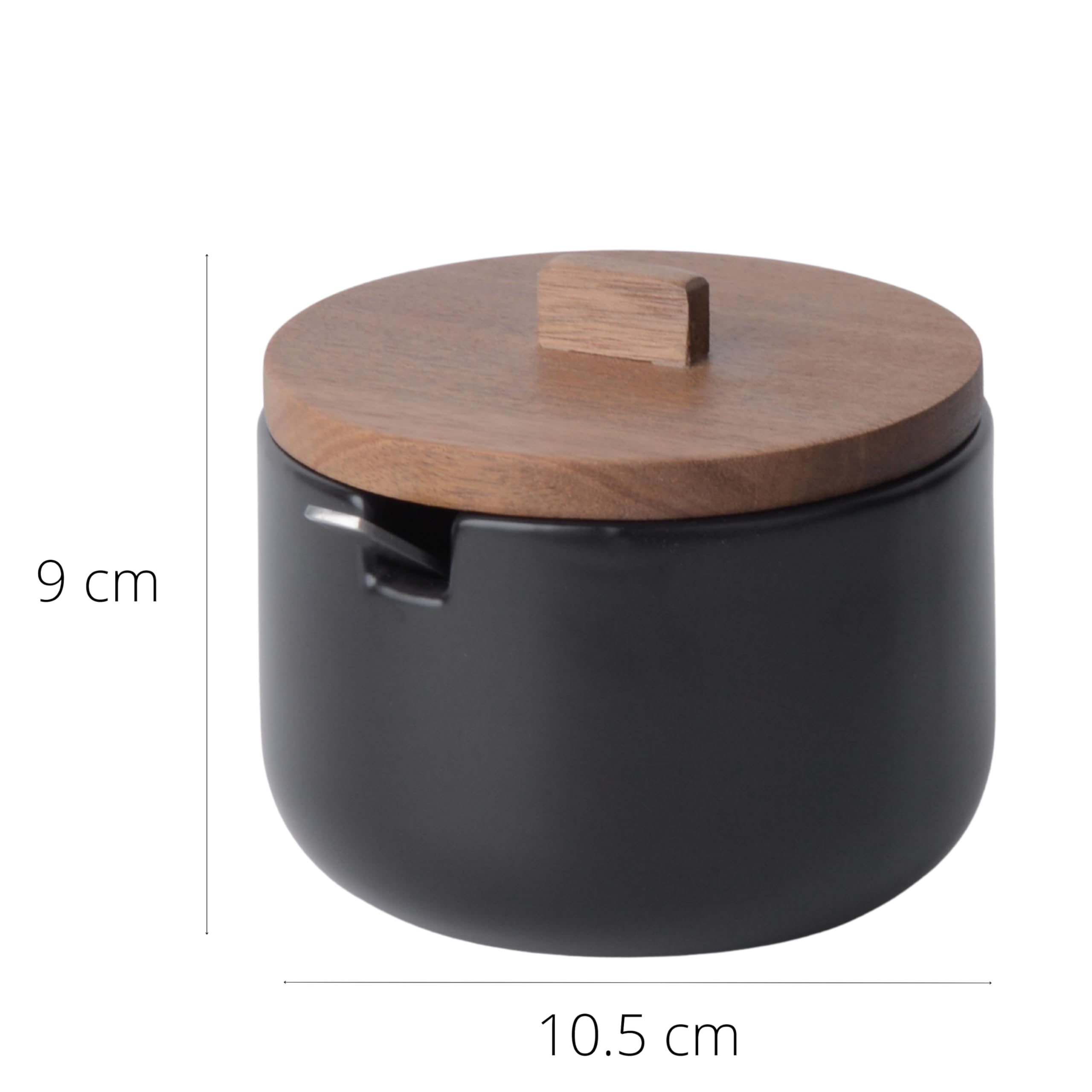 KOOK TIME Azucarero de Cerámica CURVE con Cuchara - Tarro Pequeño con Tapa de Madera de Acacia. Recipiente para Azúcar, Sal, Especias o Queso Rallado. 10.5 x 9 cm. - Negro mate - 3