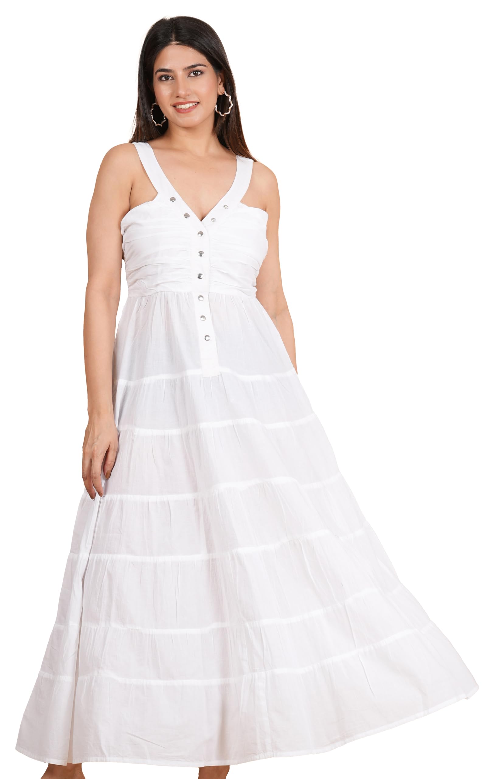 Yash GalleryWomen's Cotton Sleeveless Button Down V-Neck Flared Solid Flore Length Maxi Dresses