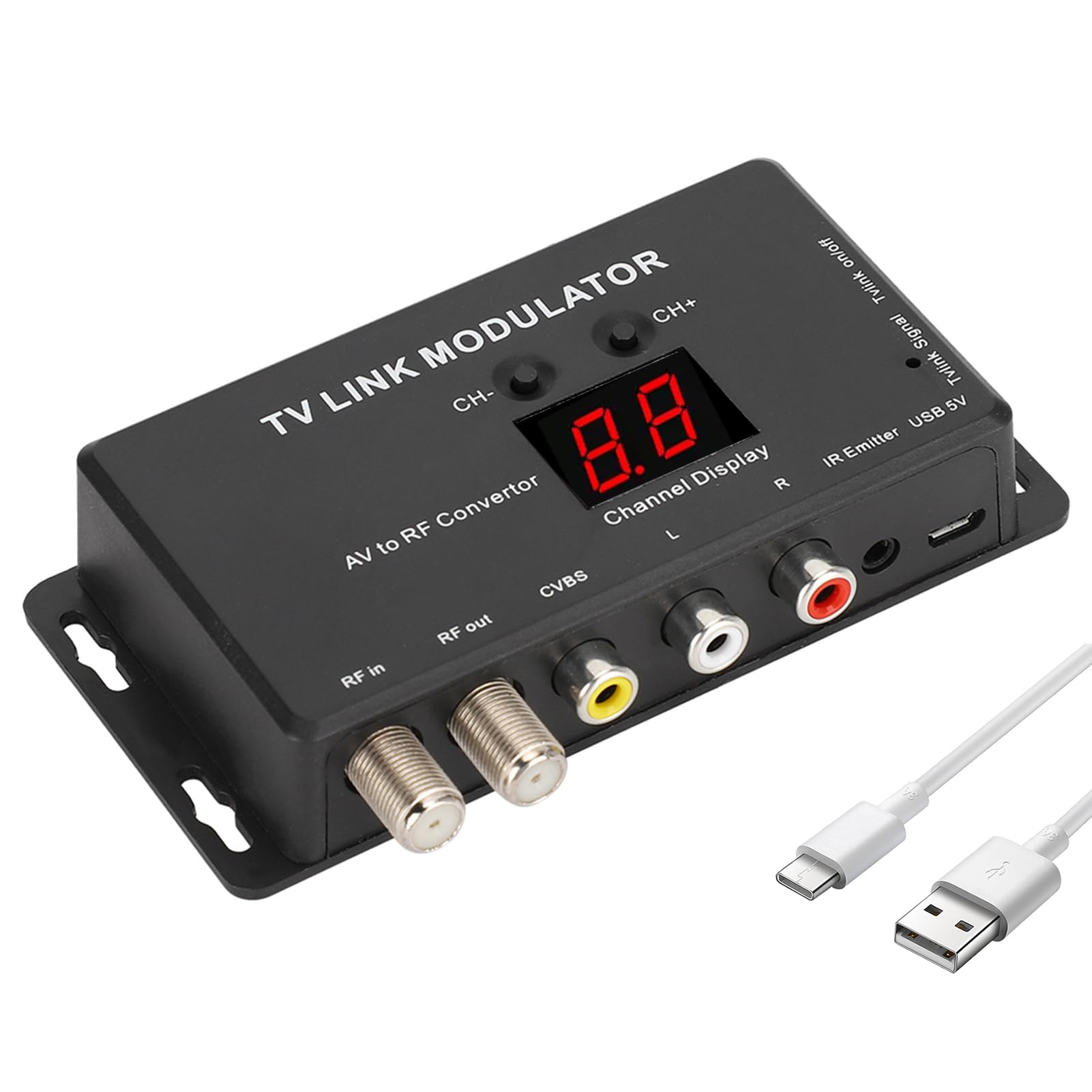 Dpofirs UHF Modulator front view with ports and channel display