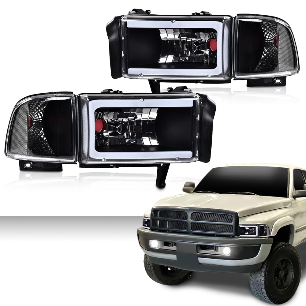G-PLUS LED Light Strip Headlights w/o Bulbs Fit Dodge Ram 1500 1994-2001/Dodge Ram 2500 3500 1994-2002 Clear Lens Black Housing Clear Reflector Bumper Headlamps,faros delanteros Assembly