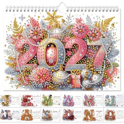 DIYDeligths 2027 Wall Calendar Diamond Art Painting 9.8X6.7 Horizontal Hanging Calendar Alphabet Theme 5D Monthly Flip Ornament for Home Office Planning DIY Craft Gift (Alphabet)
