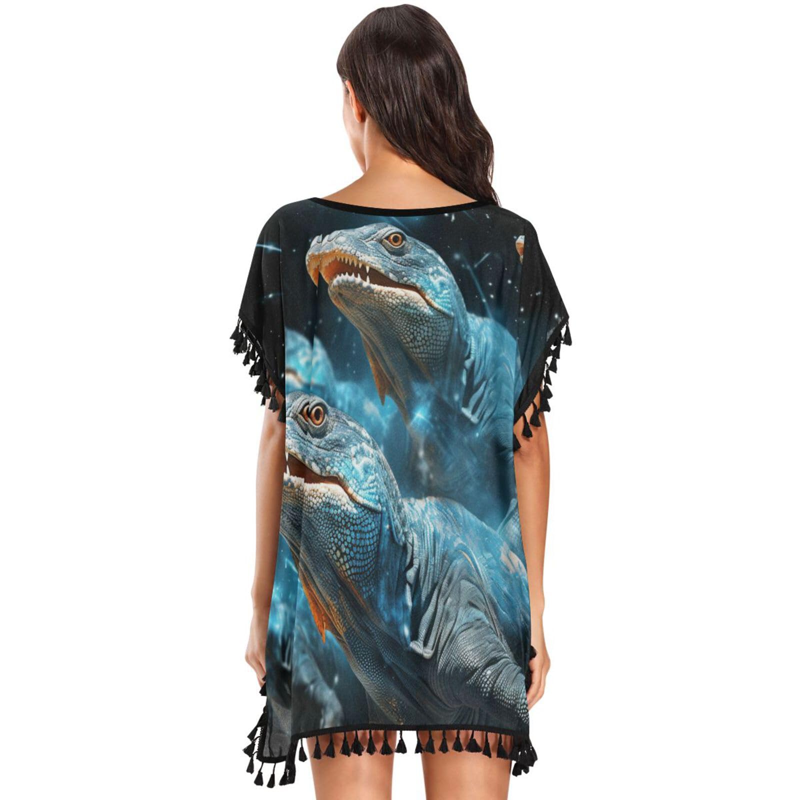 Space Flying Blue Dragons Women's Beach Cover Up Chiffon Tassel Swimwear Swimsuit Coverups for Girl