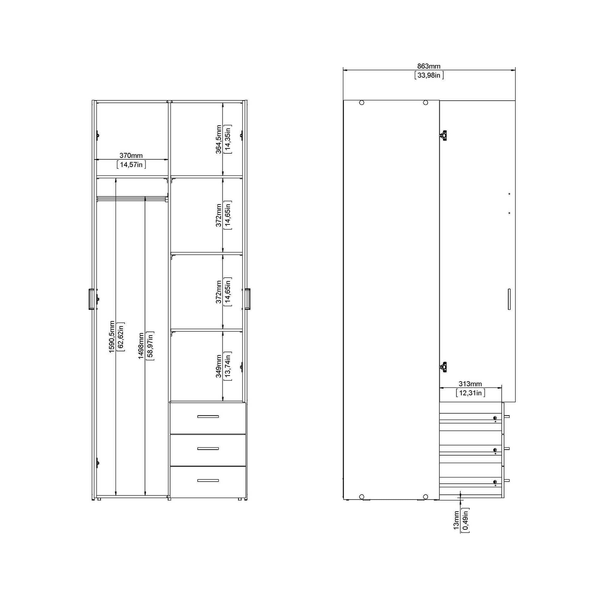 Dmora Guardaroba 2 Ante 49.5x200.4h cm Bianco Bianco Lucido Appendiabiti 2 Ante, Armadio Camera da Letto 6 Vani