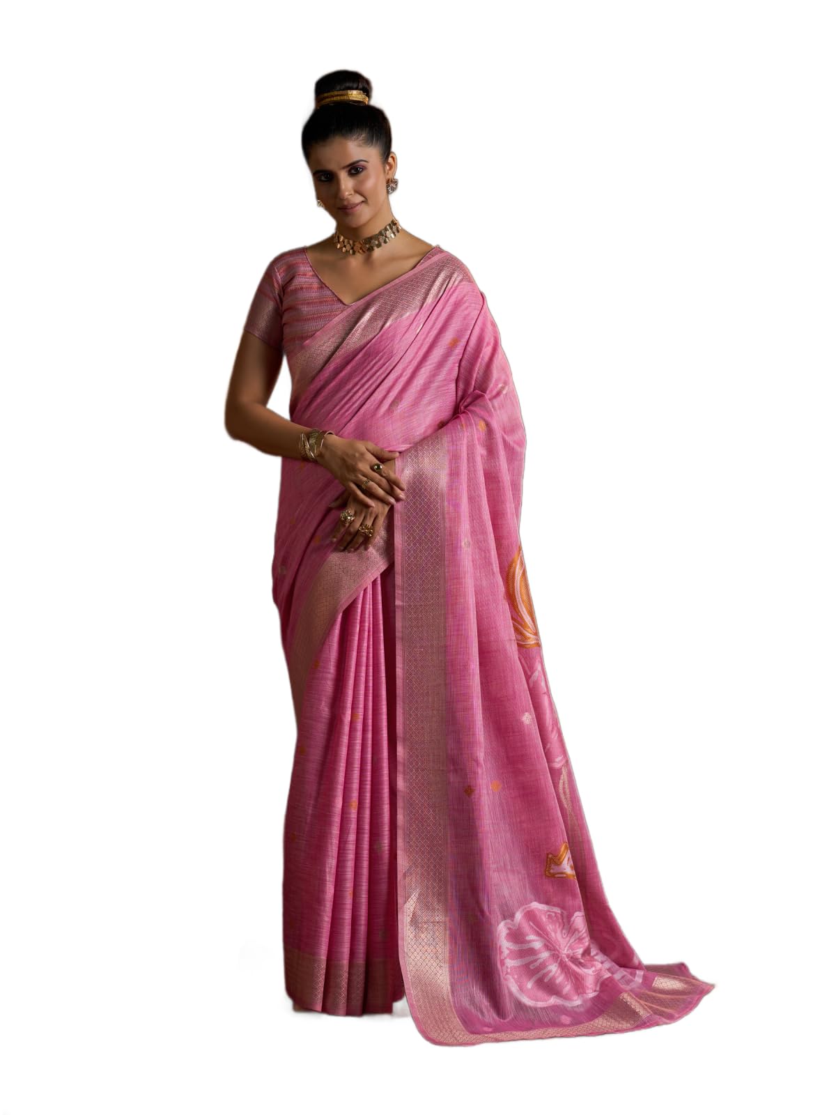 swornof Women's Floral Print Linen Saree With Unstitched Blouse Piece-picture-49