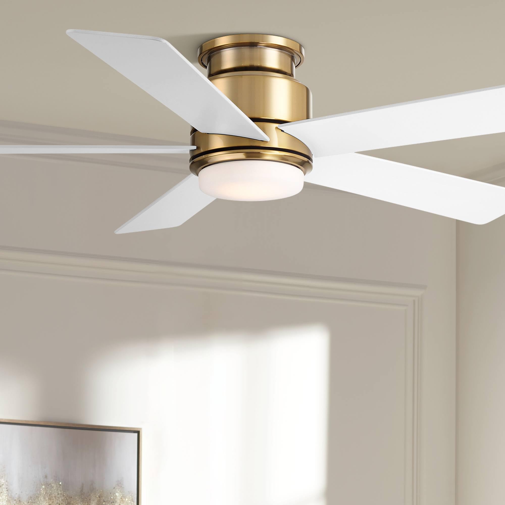 Casa Vieja 52" Grand Palm Modern Indoor Outdoor Ceiling Fan 5 Blade LED Light Remote Control Soft Brass Finish White Wood Blades Bedroom Patio Living Room Kitchen Porch Hugger Damp Rated Flush Mount