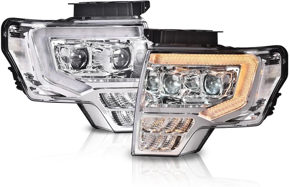 DOTCOM LED Tube Headlight Assembly, Compatible with Ford F150 2009-2014 Headlamps FO2503289 FO2502289 Driver Side & Passenger Side,Clear lens Chrome Housing Clear Reflector