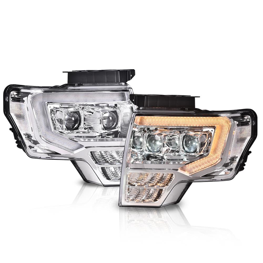 DOTCOM LED Tube Dual Headlight Assembly, Fit For Ford F150 2009 2010 2011 2012 2013 2014 Headlamps,Driver & Passenger Side,Clear lens Chrome Housing Clear Reflector FO2503289 FO2502289