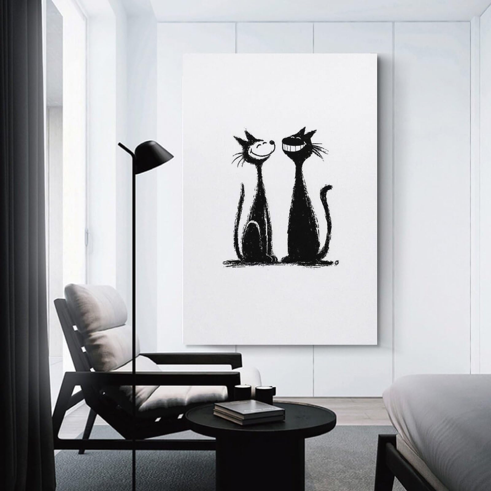 Junmoney Two Smiling Cats Black And White Wall Picture Print 20x30inch(50x75cm), for Corridors, Hallways Or Apartment Entries, Wall Decor to Refresh Empty Corners