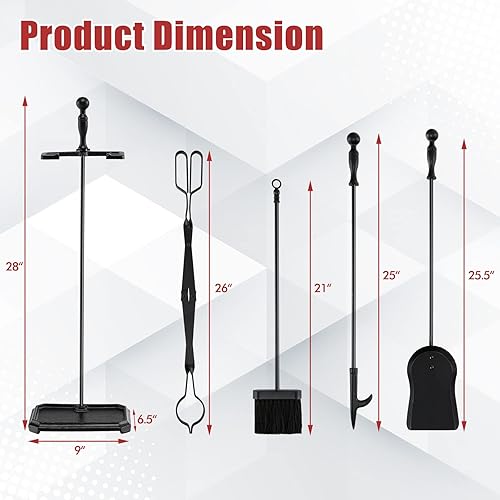Miniatura 8 de Goplus Juego de herramientas para chimenea de 5 piezas, herramientas de chimenea de acero resistente con poco, pala, cepillo de palma resistente al