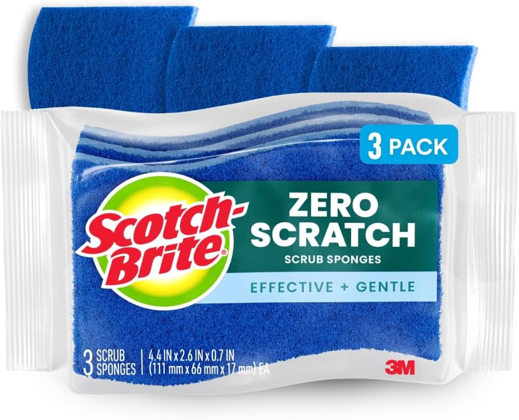 Zero Scratch Scrub Sponge, 3 Kitchen Sponges for Cleaning Around the Home, Bathroom & More, Effective + Gentle Dish Scrubber, Best for Nonstick Pots and Pans, Safe on Most Surfaces