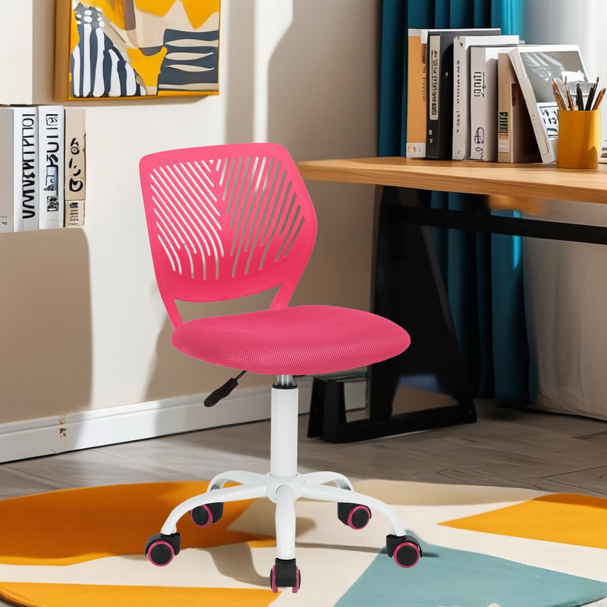 FurnitureR Fauteuil de Travail pivotant à 360° pour Adolescentes avec Dossier en Maille PP Hauteur réglable Rose