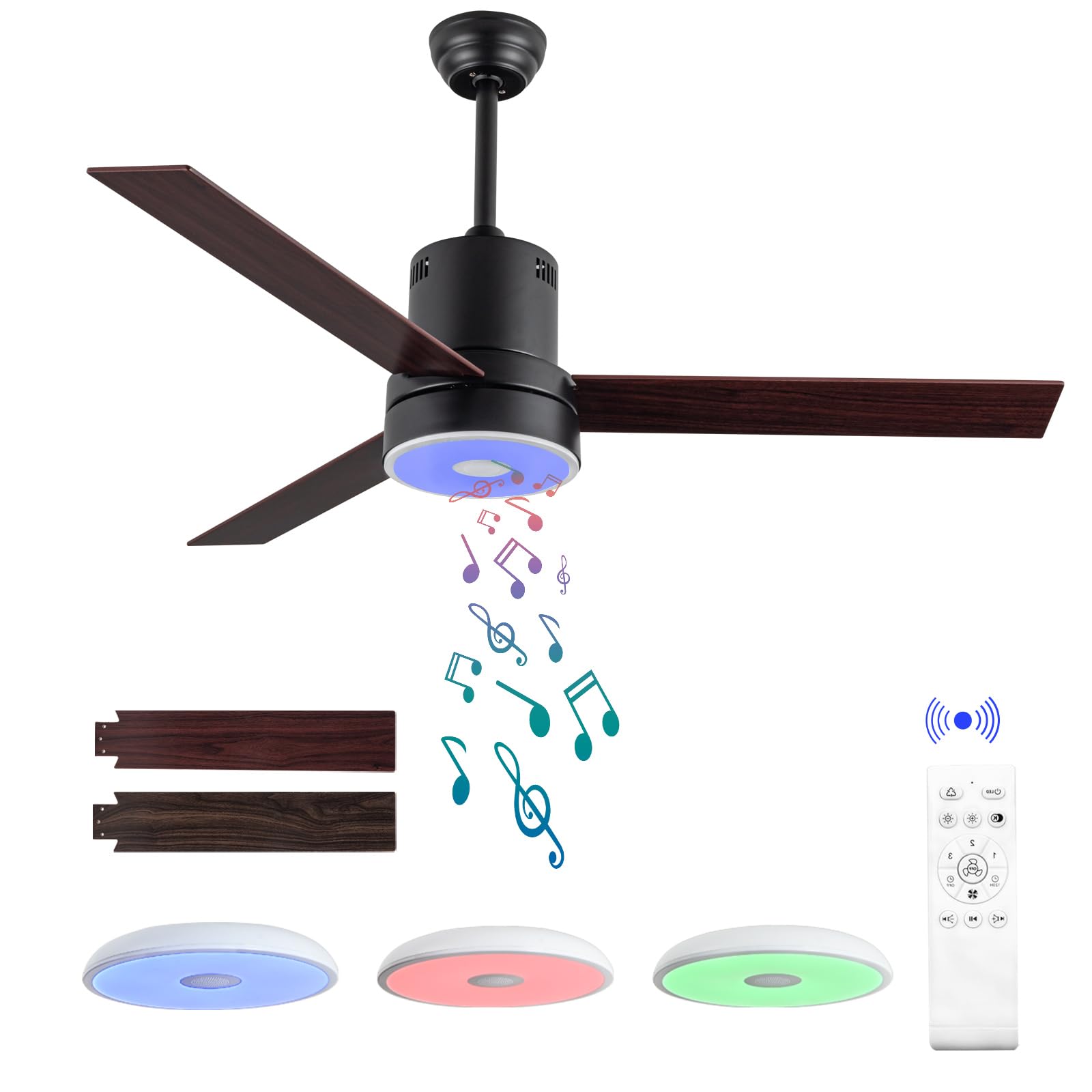 52 Inch Ceiling Fan with RGB Dimming LED Light,with Music Bluetooth Speaker,with Remote Control,3-Speed Regulation, Reversible Motor,Timing,for Living room,Bedroom,Restaurant,Outdoor…