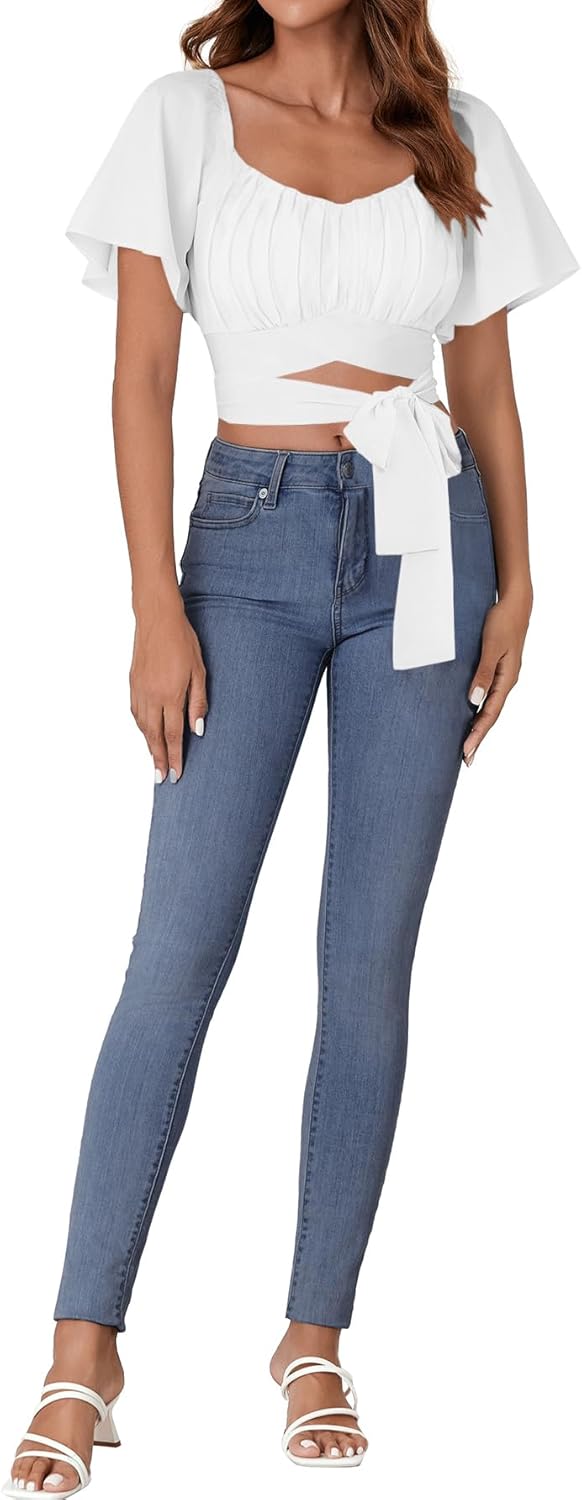 Rooscier Women's Ruched Wrap Ruffle Flare Square Neck Short Sleeve Self Tie Crop Top Blouse Solid White Small - Image 5