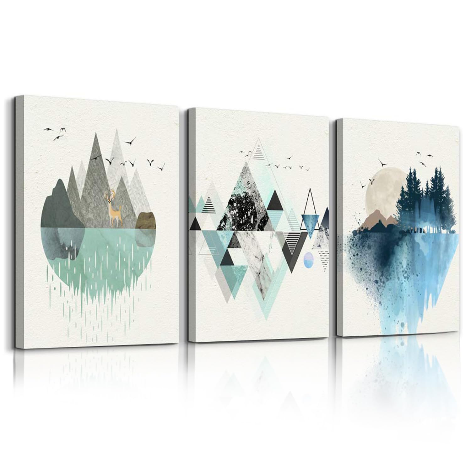 hyidecorart Cuadros abstractos verde azul geométricos de montaña paisaje lienzo arte de pared moderno nórdico minimalista murales de pared sala de estar dormitorio comedor cocina (50cmx70cm-3 piezas)