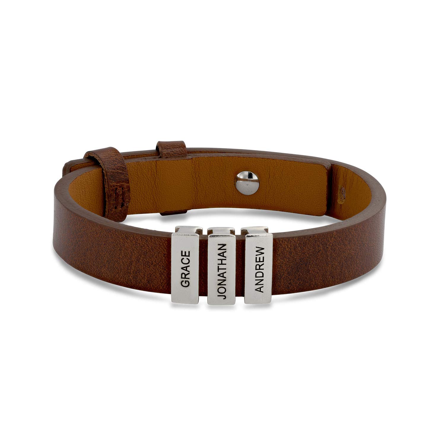 MyNameNecklace MYKA - Pulsera de cuero negro o marrón para hombre con cuentas de plata personalizadas - Joyería Grabada, Regalo Día del Padre, Regalos para Hombre