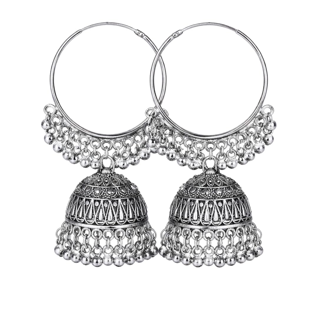 Oxidised Silver Plated Big Hoop Jhumka Earrings for Women & Girls | Traditional Ethnic Indian Jewellery for Wedding, Party & Casual Wear