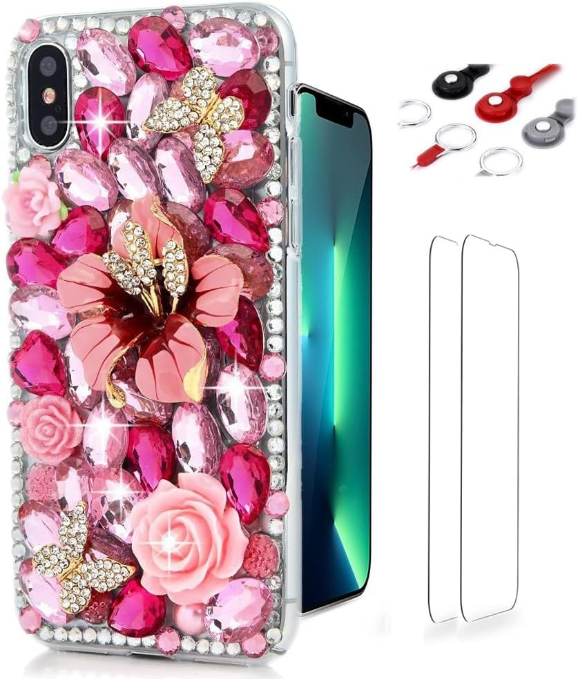 Glitter Design Phone Case Compatible with iPhone SE 2020 - Girls Women 3D Luxury Shiny Bling Handcrafted Protective Cover with Screen Protector, Phone Lanyard - Hot Pink Tulip Flower