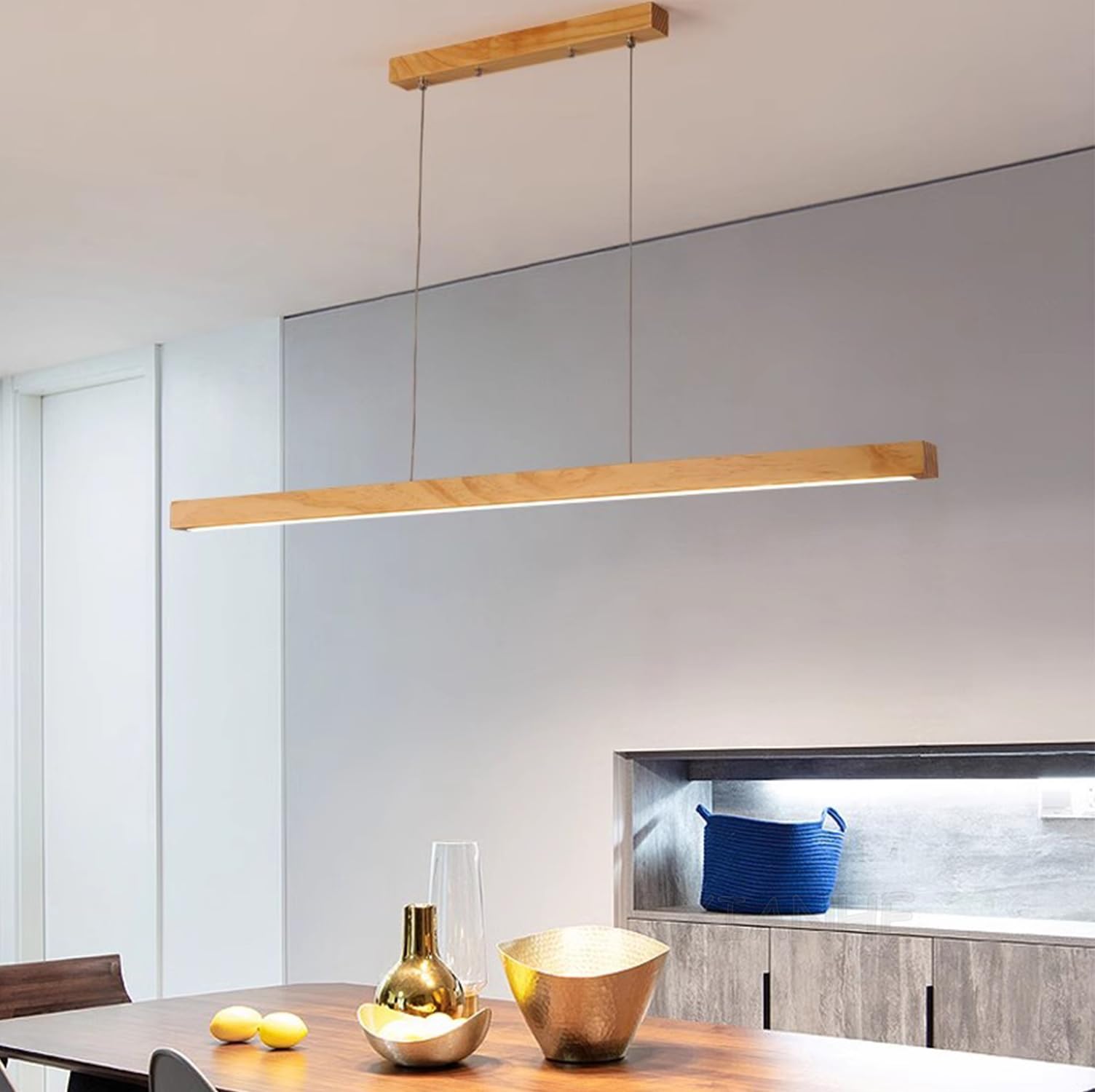 Mesa de Comedor LED Madera Lámpara Colgante Regulable con Control Remoto Luz de techo Cocina Isla Sala de Estar Oficina Lampara Colgantes Moderna Lineales Altura ajustable (Holz, L150cm)