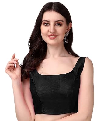 Pujia Mills Black Blouse for Women | U Neck Mono Banglori Silk Plain Back Open Sleeveless Blouse|Blouses for Women Readymade Stylish | Size : 32 to 42 | Wedding Reception Party Engagement