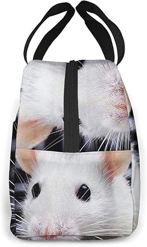 Miniatura 3 de Adorable bolsa de almuerzo aislada con rata blanca para mujeres y hombres, bolsa de almuerzo reutilizable con bolsillo frontal