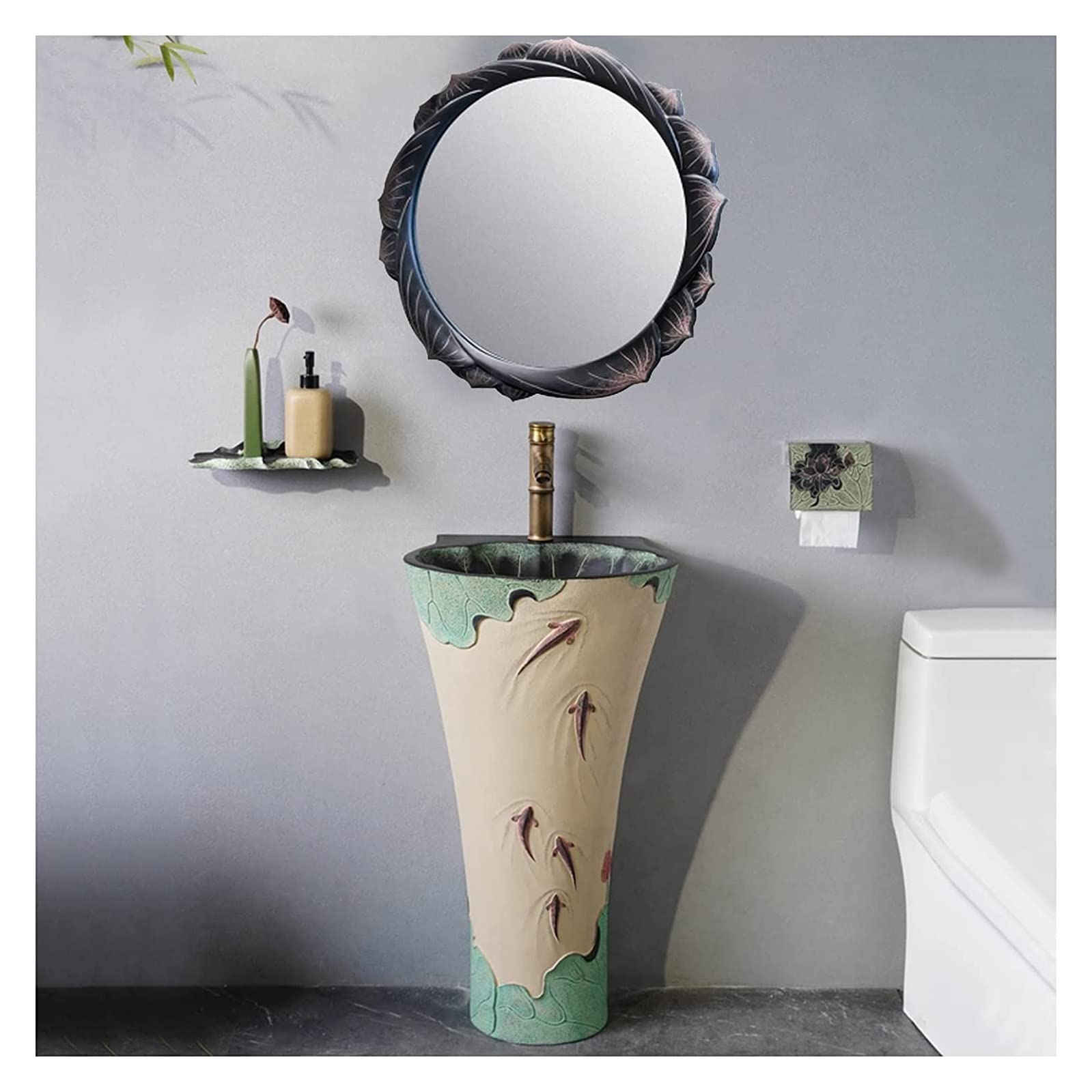 TIANQIHAO Freestanding Bathroom Pedestal Sink Art Hotel Home Vessel Handmade Lavatory With Faucet And Drain Installation Hole For Indoor Outdoor