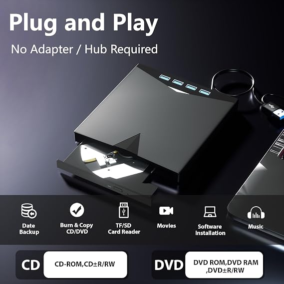 7in1 Harici DVD Sürücü, 4 USB Bağlantı Noktalı ve TF/SD Kart Yuvalı Dizüstü Bilgisayar için Harici DVD Oynatıcı, PC için Taşınabilir CD ROM Harici Sürücü, MacBook Windows 7/8/10/11 Linux Mac OS için