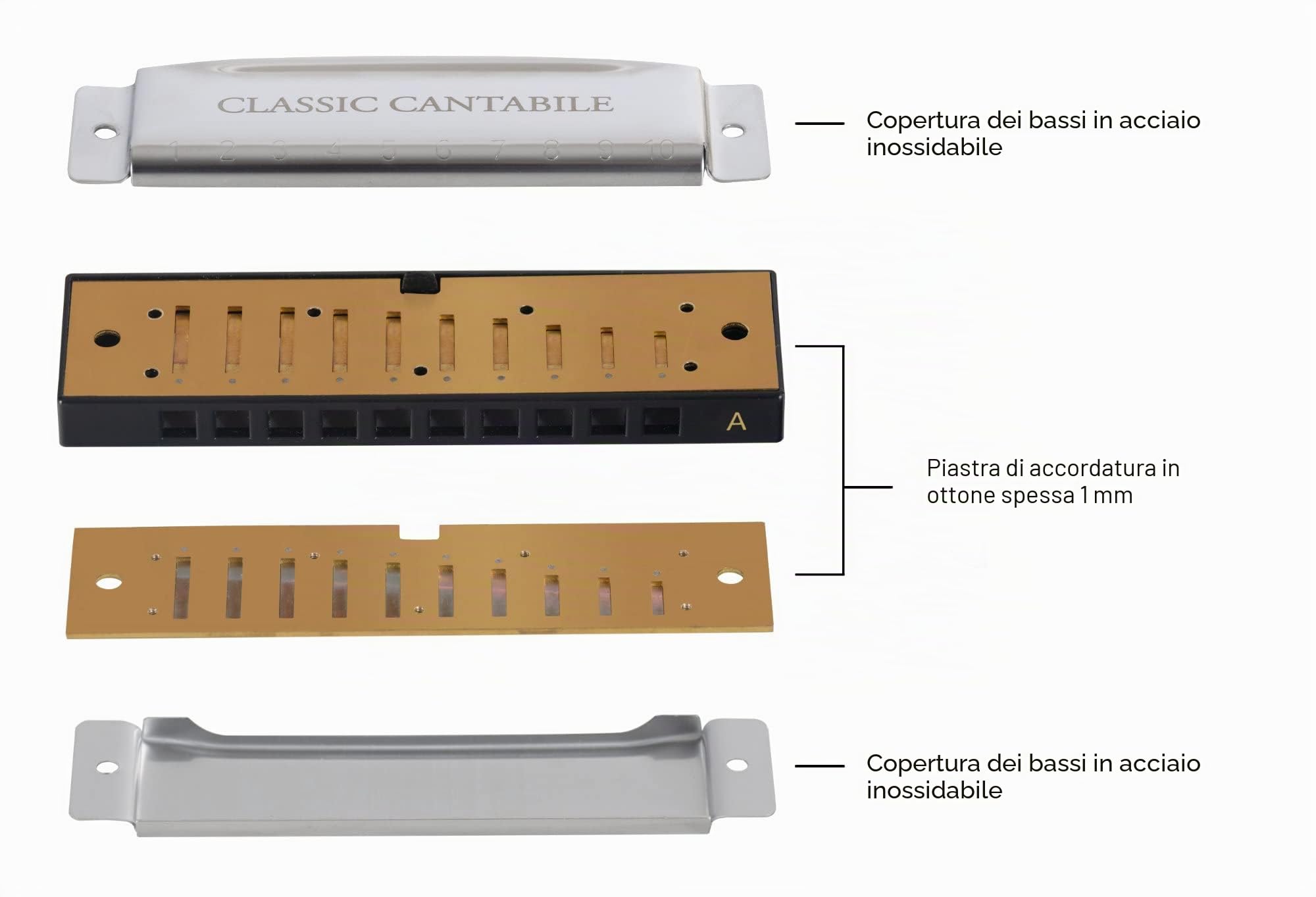 Classic Cantabile AHBS-12 Alabama Blues Harmonica Set da 12 - Armoniche Diatoniche in Diverse Tonalità - 10 Ance in Ottone - Corpo in Acciaio Inossidabile - Include Custodia & Panno