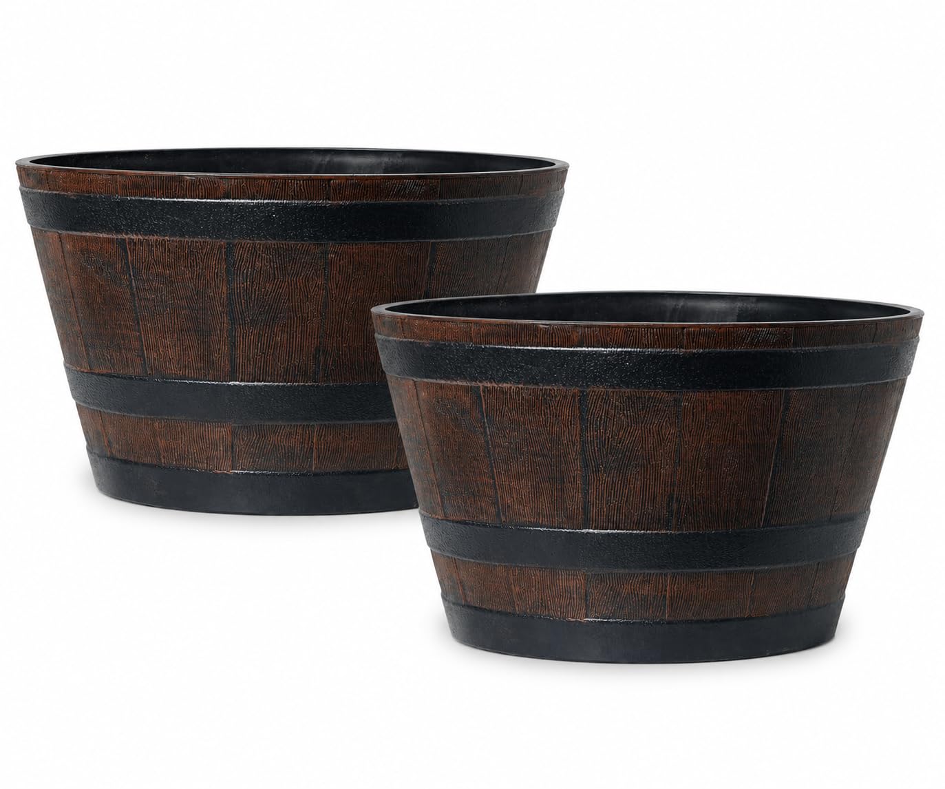 Extra Large 50 Litre Wooden Barrel Effect Plant Pot (Pack of 2) Large Outdoor Garden Planters with Drainage Hole Rustic Plastic Flower, Herb, Vegetable & Tree Containers – 56cm Diameter x 34cm Height