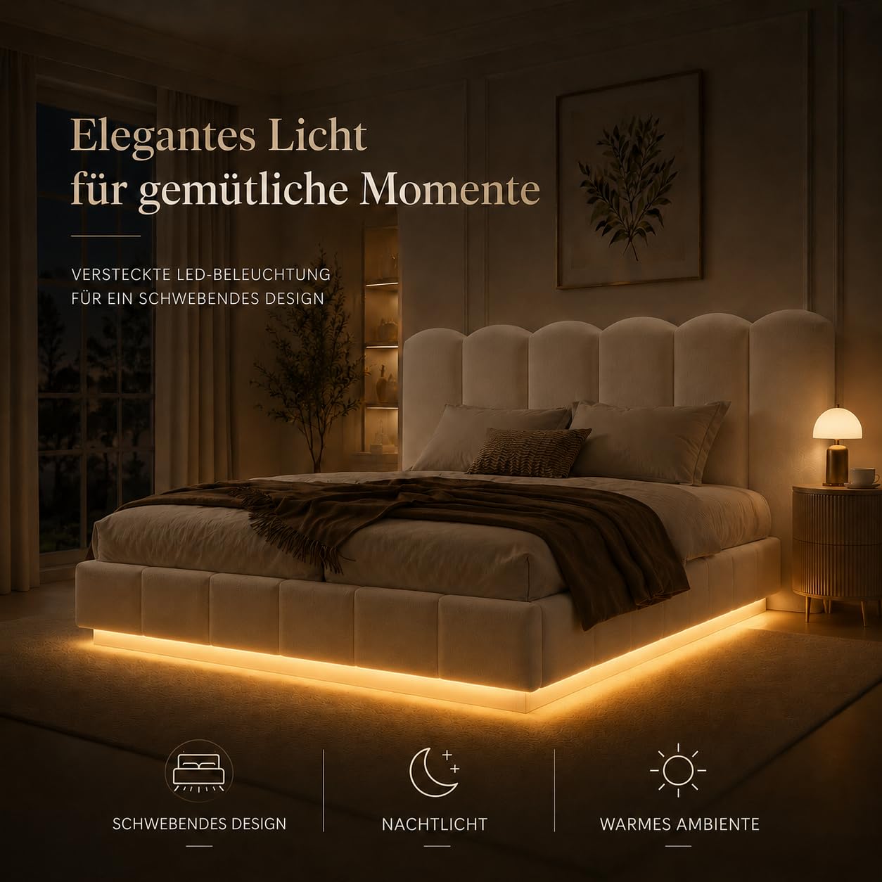 Lit double 180 x 200 cm avec espace de rangement hydraulique et LED, bouclé