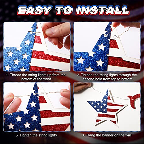 Happy Birthday Banner With Fairy String Light, 4Th Of July Independence Flag Day Birthday Decorations, Glitter Us Star Red White Blue Led Decor For Kids, 8 Modes 10 Feet String Light Party Supplies #TOP6